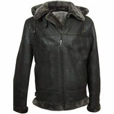 Men's Aviator Flight Fur Shearling B3 Hooded Black Leather Jacket